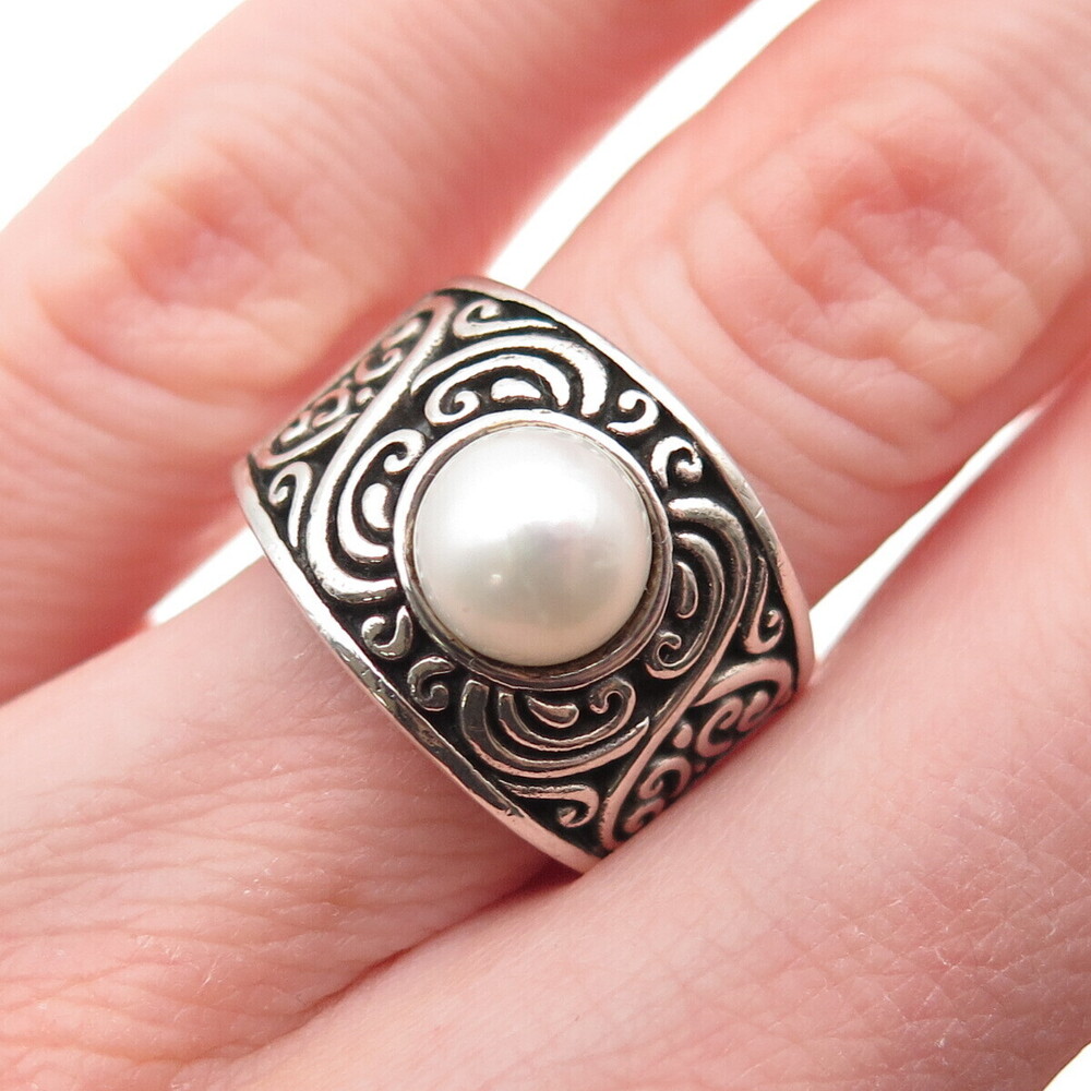 Suarti Bali Sterling Silver Vintage Real Pearl Ornate Oxidized Ring Size 5.75